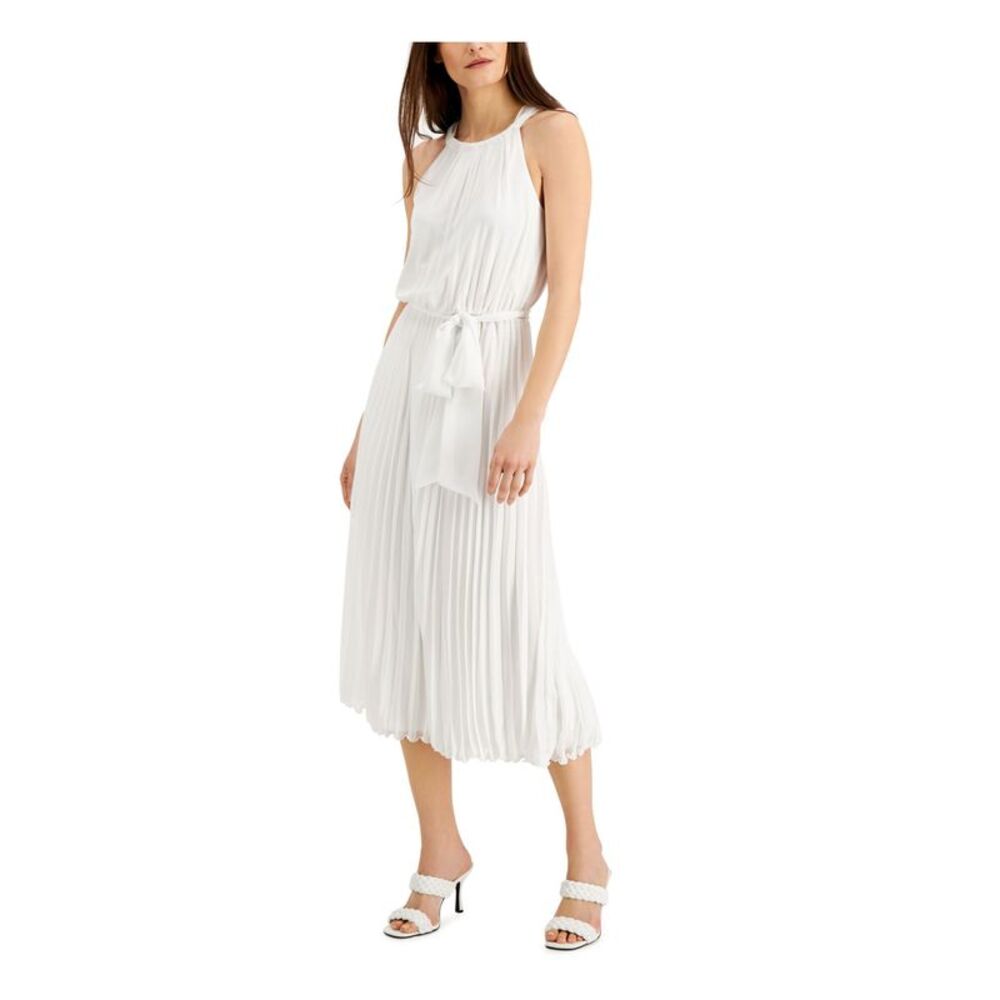 NWT INC DRESS Womens White Belted Chiffon Lined Sleeveless Midi Dress 12